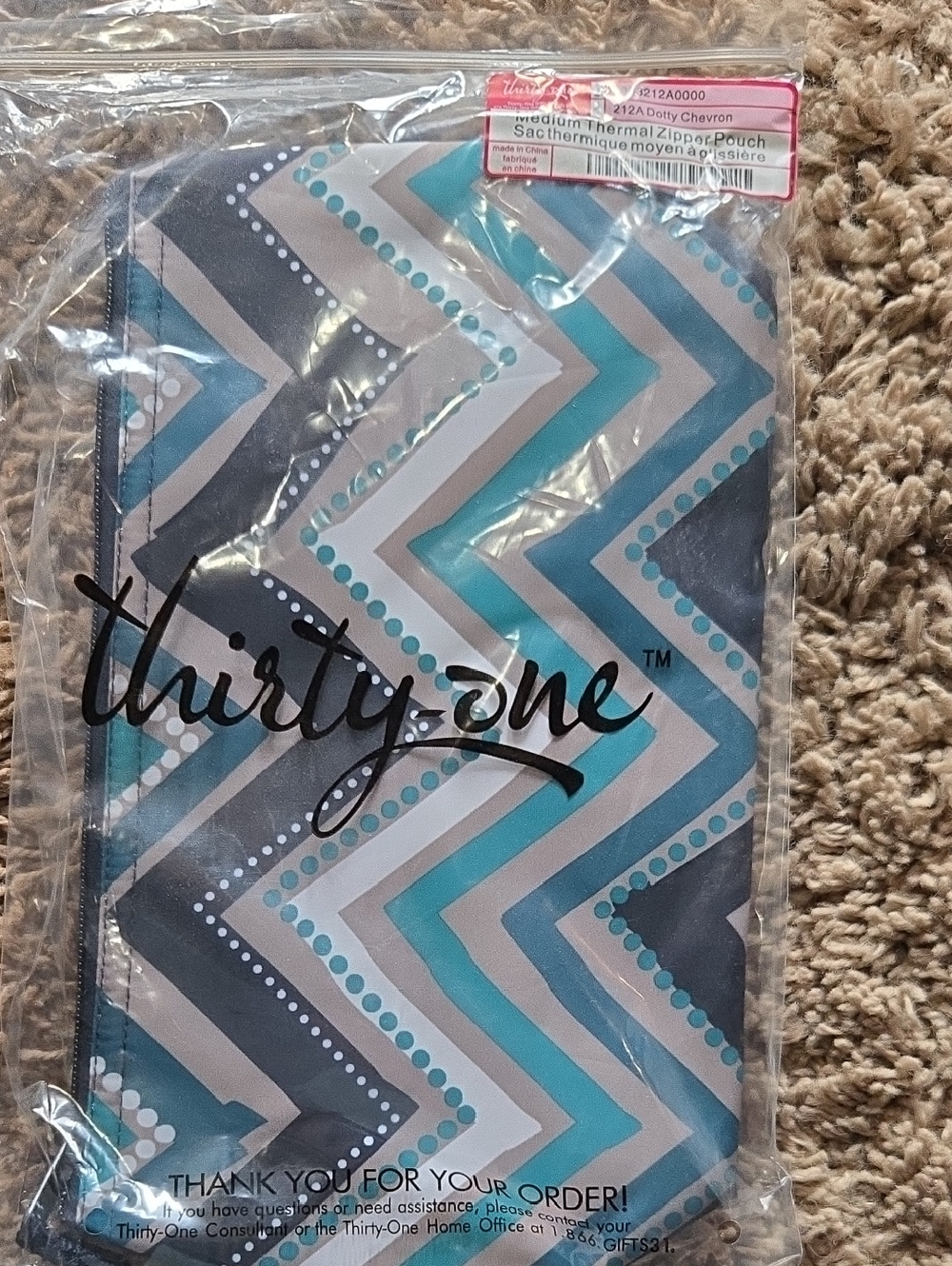 thirty-one Chevron Thermal Zipper Pouch in Teal, Light Blue & Gray NWT